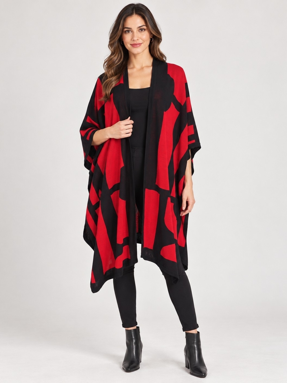 NWOT MISOOK Red Black Poncho Cape Cardigan Open-Front Kimono Sweater Sz XS